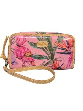 Consuela Wristlet Wallet Pink With Tropical Floral Print & Leather Strap
